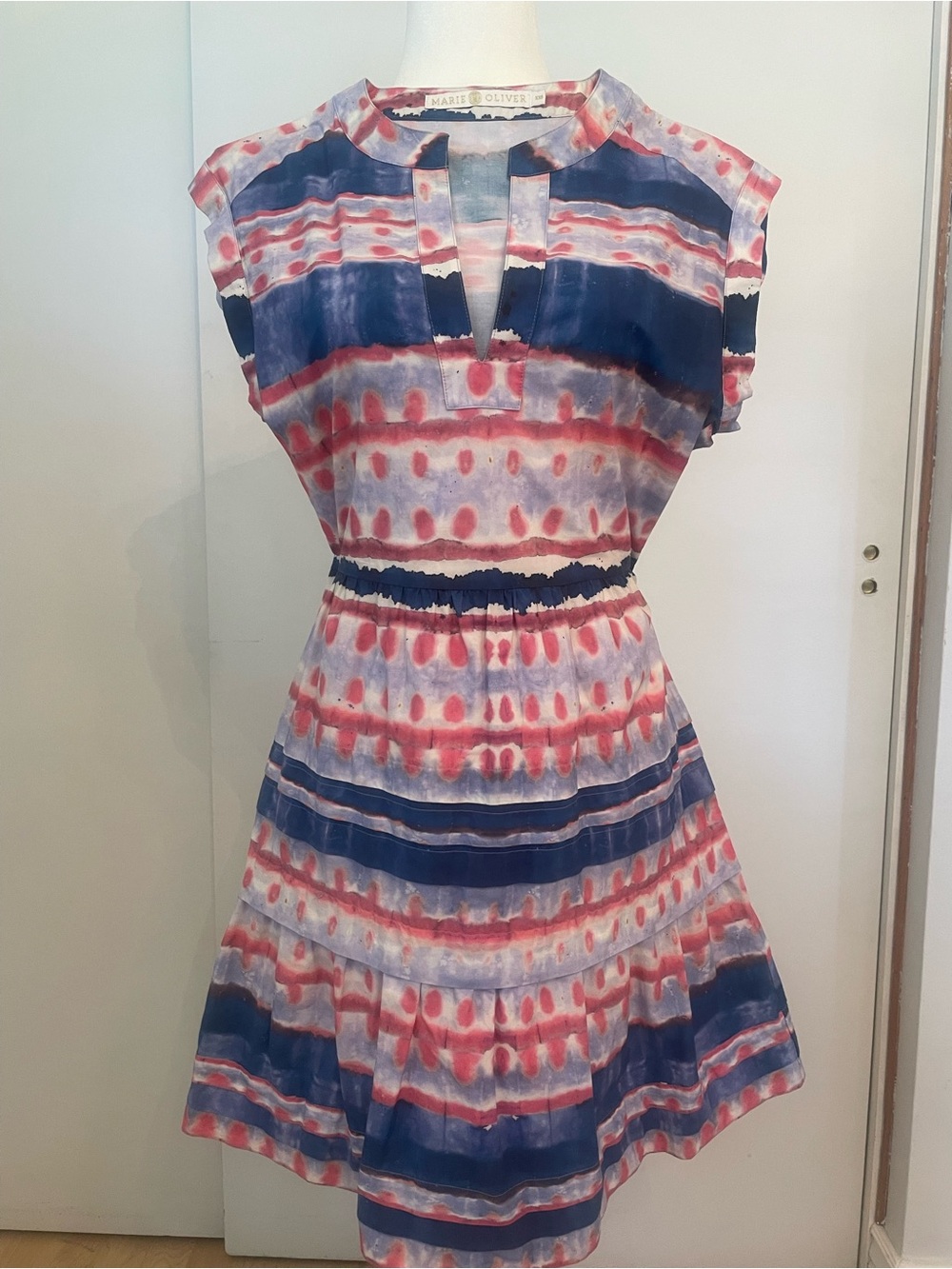 Marie Oliver Coral and Navy Stripe Tie-Dye Fit & Flare Dress